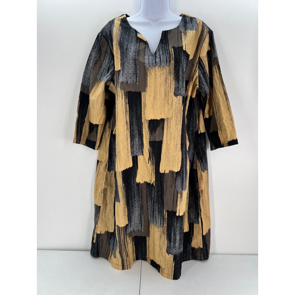 SBJ Austin Women Abstract Brushstroke Cotton Shift Dress Yellow Black Size 3